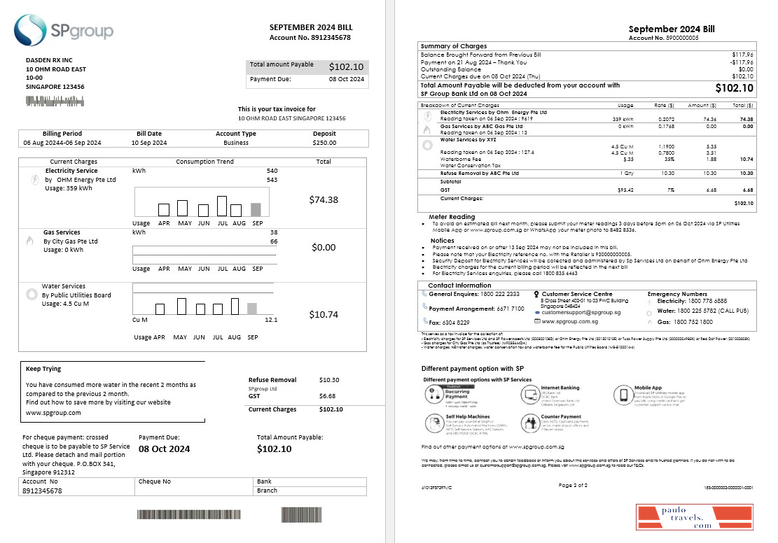 Singapore SP Group business utility bill template in Word and PDF formats (2 pages)
